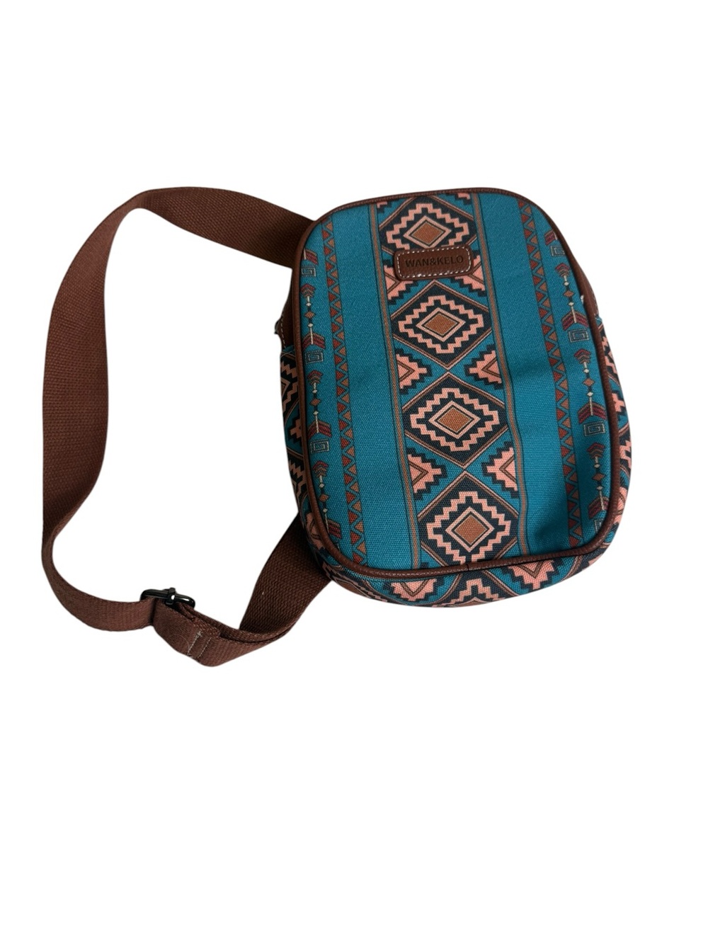 Wan & Kelo Teal Aztec Patterned Belt Bag with Brown Strap - Picture 2 of 10